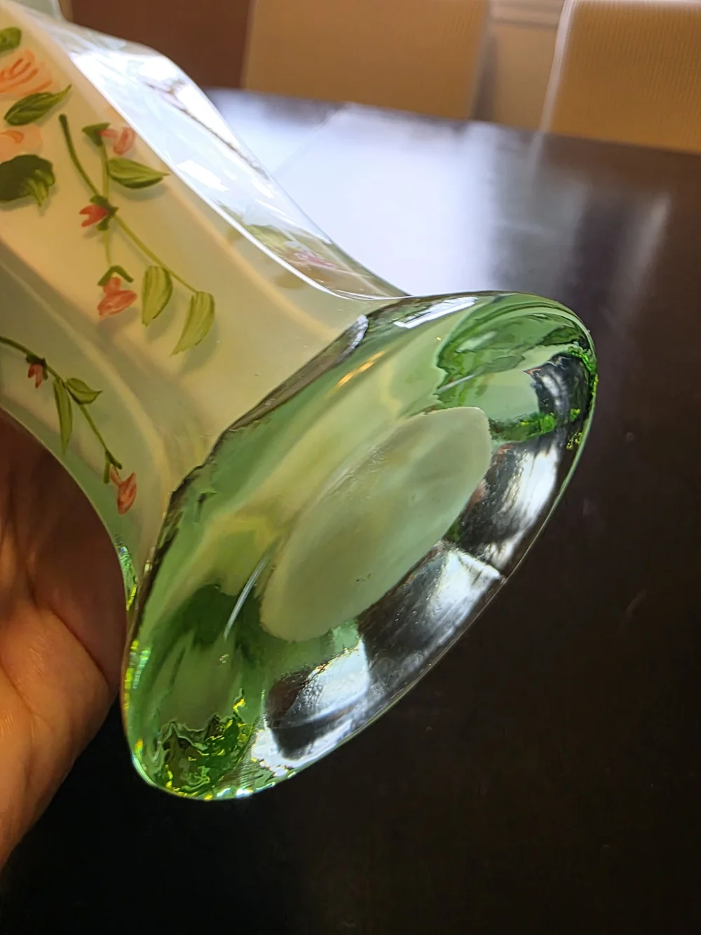 Fenton Opaline Green Cased Glass Ruffle Vintage Floral Hand Painted Roses Vase